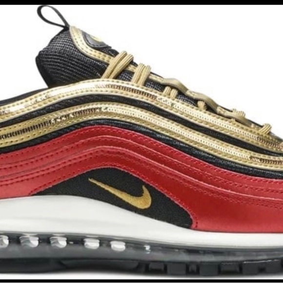 NIKE WOMENS AIR MAX 97 RED METALLIC GOLD SEQUIN SIZE 7.5 - Picture 3 of 13